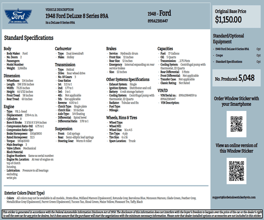 Build Sheet for 1948 Ford Deluxe 8 series 89A